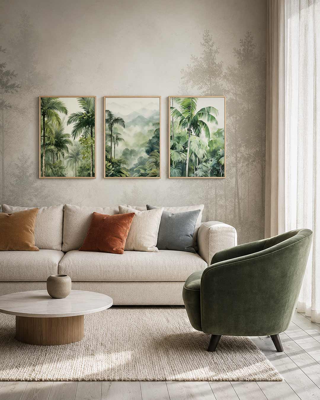 Groene palmritmes driedelige posterset – deze posterset in drie delen toont weelderige palmbomen met