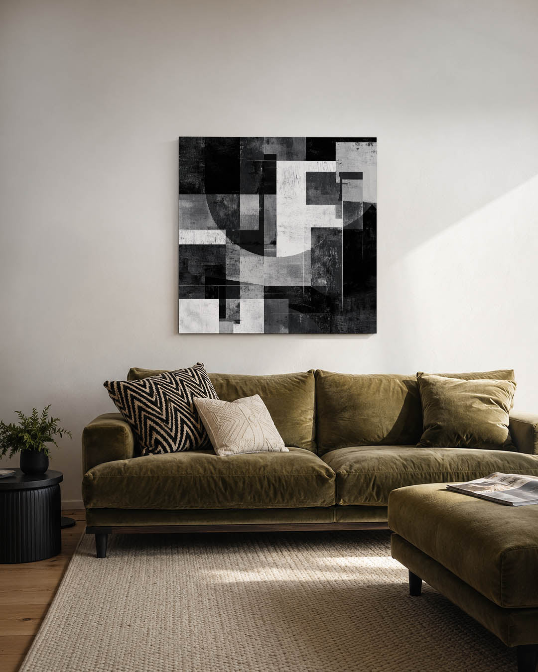 Geometrische vormen compositie kunstwerk – derde productweergave – dit werk toont een dynamisch spel van rechthoeken en