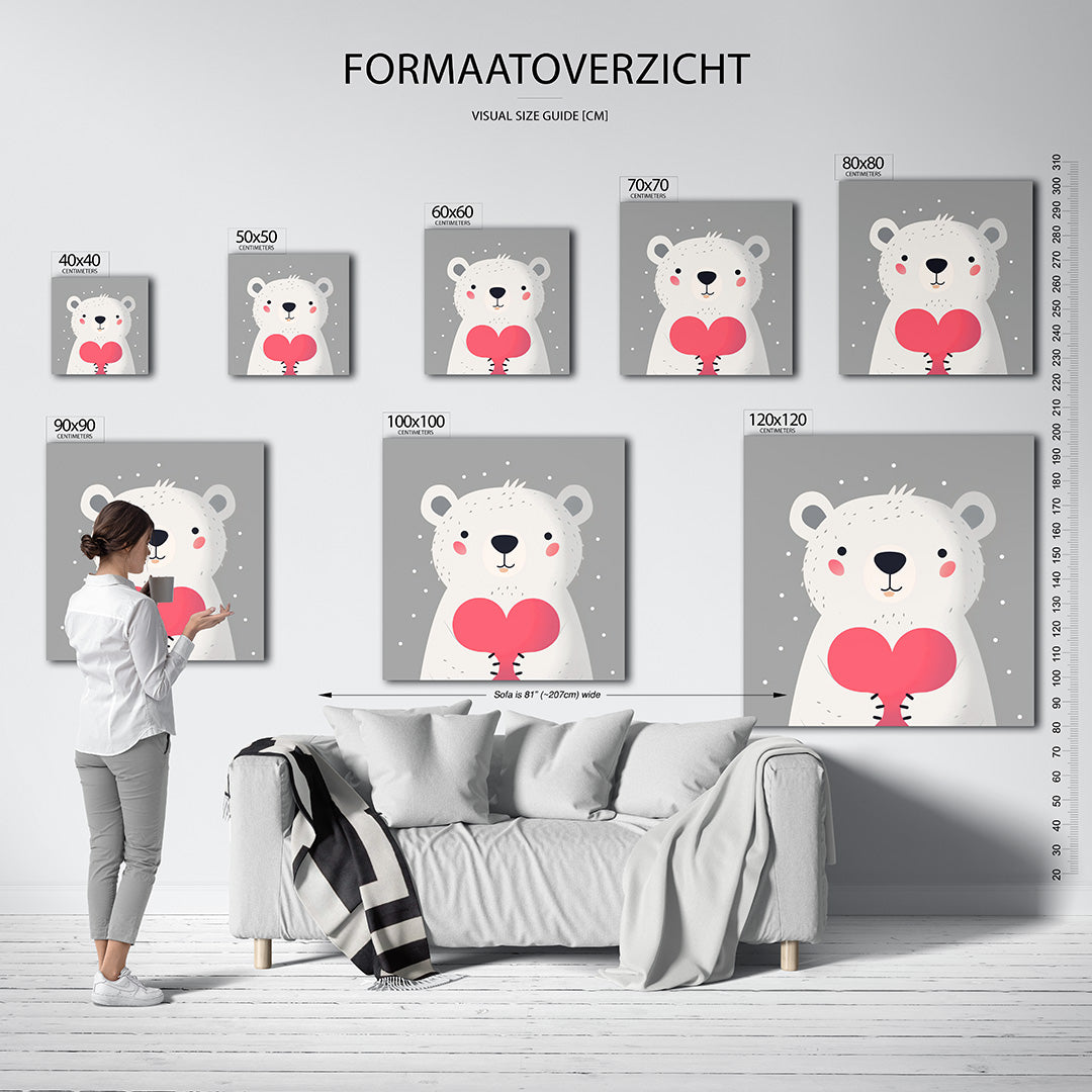Liefdevolle beer illustratie kunstwerk – sfeerbeeld – een schattige witte beer met een roze hart op een grijze achtergrond.