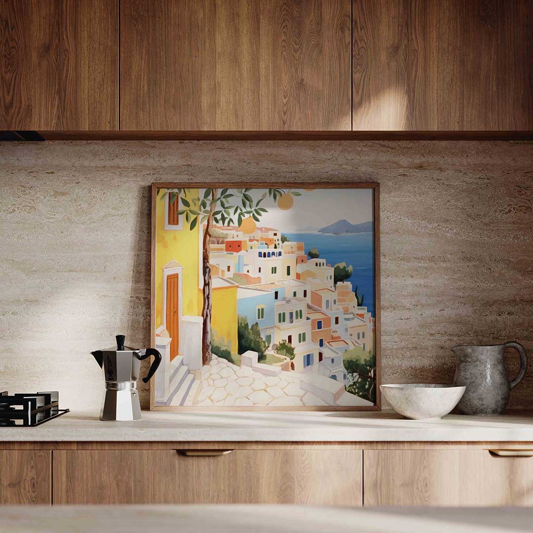 Mediterrane huizen – culinaire wandkunst als vierkante poster