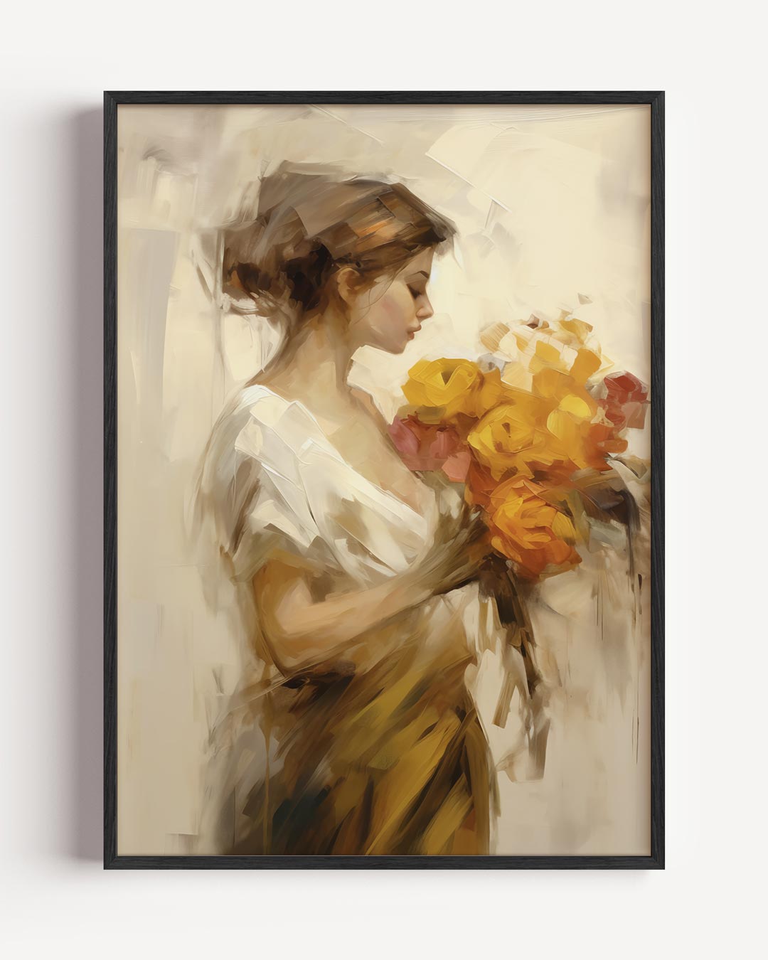 Zachte Dromer met Bloemen – vrouwelijk portret poster als wanddecoratie
