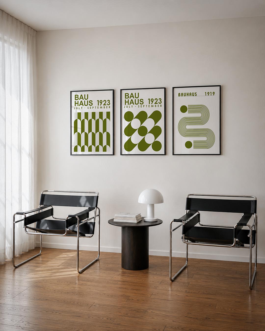 Vorm en ritme driedelige posterset – deze posterset in drie delen toont een speelse wisselwerking van groene en witte bogen