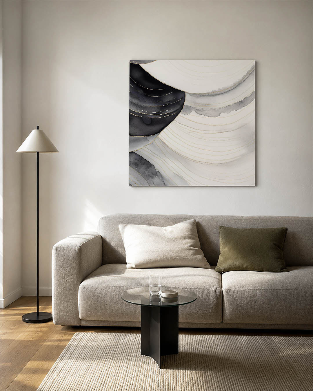 Golvende lijnen compositie kunstwerk – vierkante wanddecoratie – dit werk toont vloeiende lijnen in zwart-wit en beige