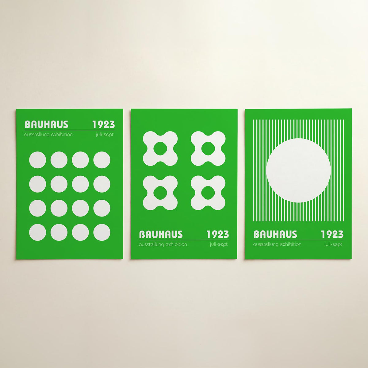 Cirkelritme groen driedelige posterset in interieur
