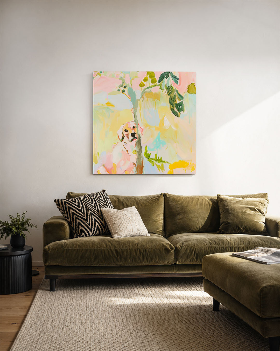 Vrolijke kleurenhond kunstwerk – derde productweergave – dit kunstwerk toont een hond omringd door levendige kleuren en