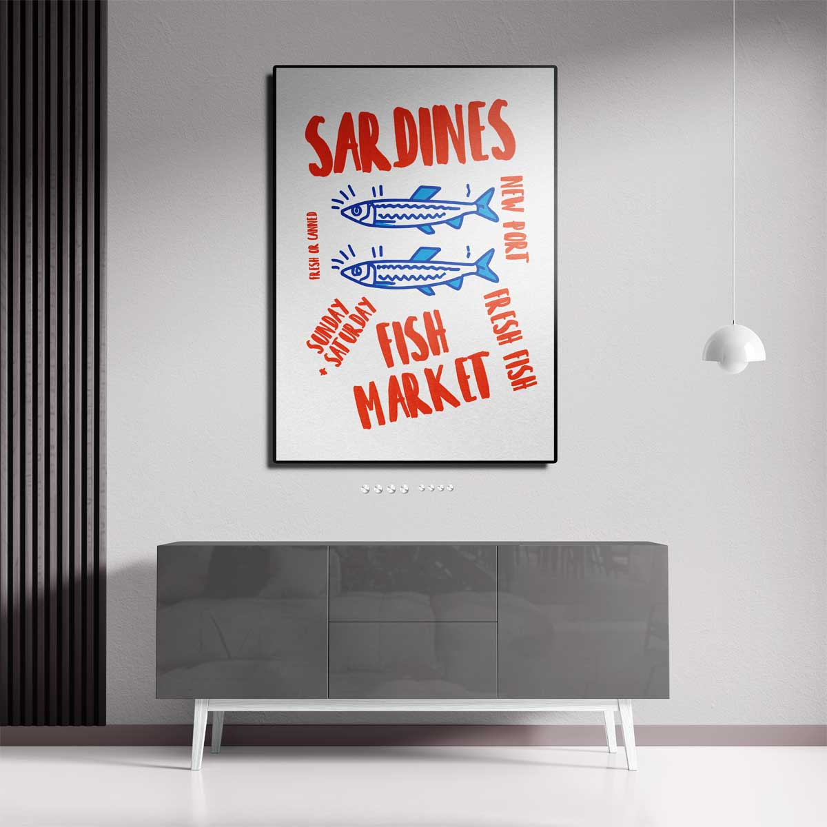 Retro Sardiens Vismarkt Poster – staande wandkunst voor woonkamer of interieur