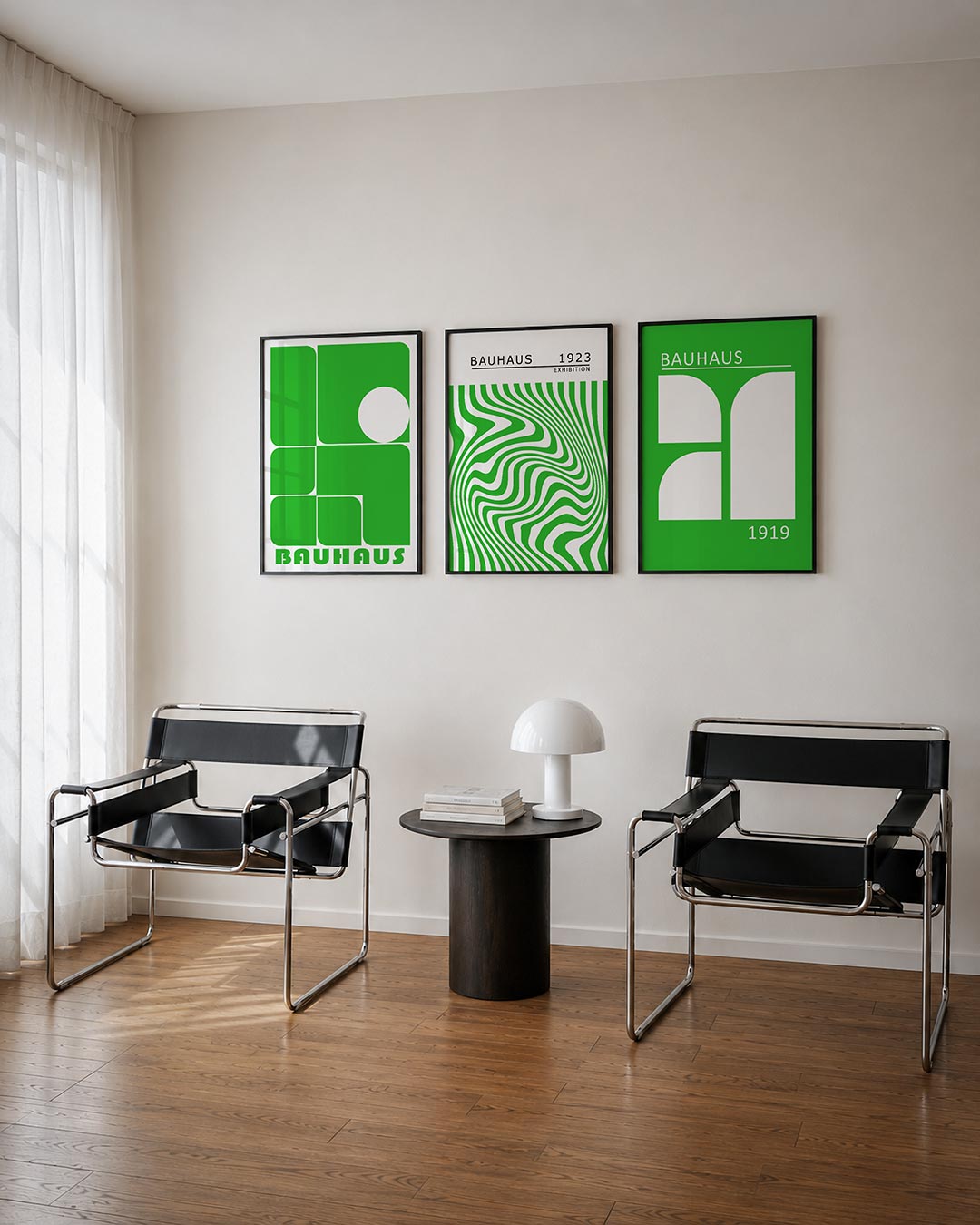 Groene vormenbalans posterset – tweede productweergave – deze posterset in drie delen toont een speelse ordening van groene