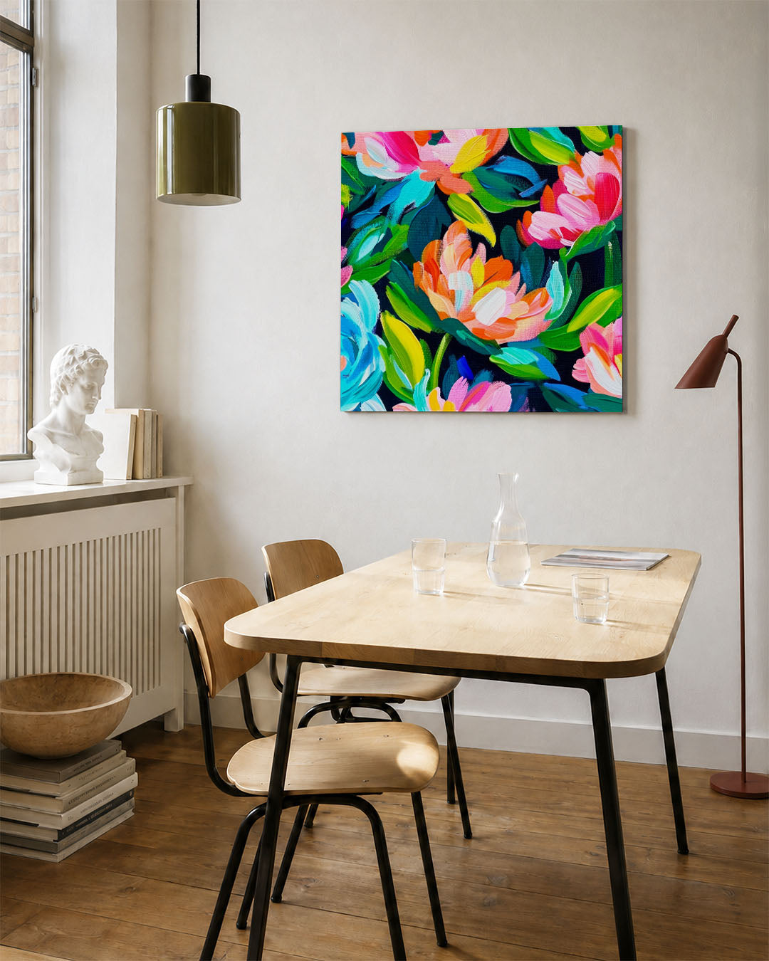 Kleurrijke bloemenpracht kunstwerk – vierkante wanddecoratie – dit kunstwerk toont een levendige compositie van bloemen in