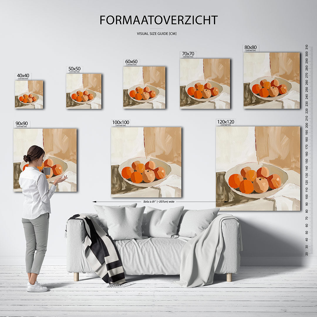 Fruit in schaal kunstwerk – materiaalweergave – dit werk toont een schaal met oranje vruchten tegen een beige achtergrond. De