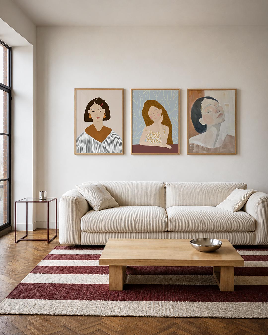 Portret en lijnen driedelige posterset – een vrouwelijk portret met een rustige uitstraling