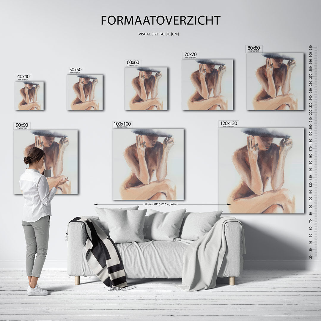 Zittende vrouw silhouet kunstwerk – sfeerbeeld – dit werk toont een zittende vrouw met zachte lijnen en subtiele schaduwen.