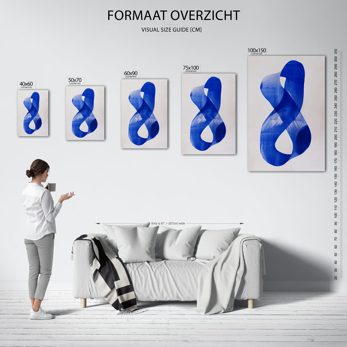 Dynamische blauwe vorm – staand wanddecoratie kunstwerk
