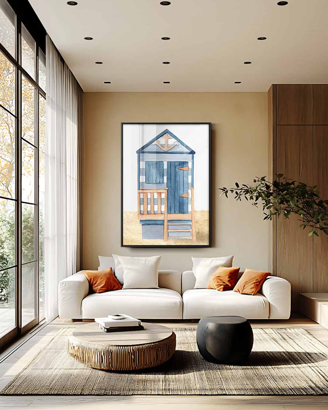 Strandhuisje in blauw – staand kunstwerk voor modern interieur