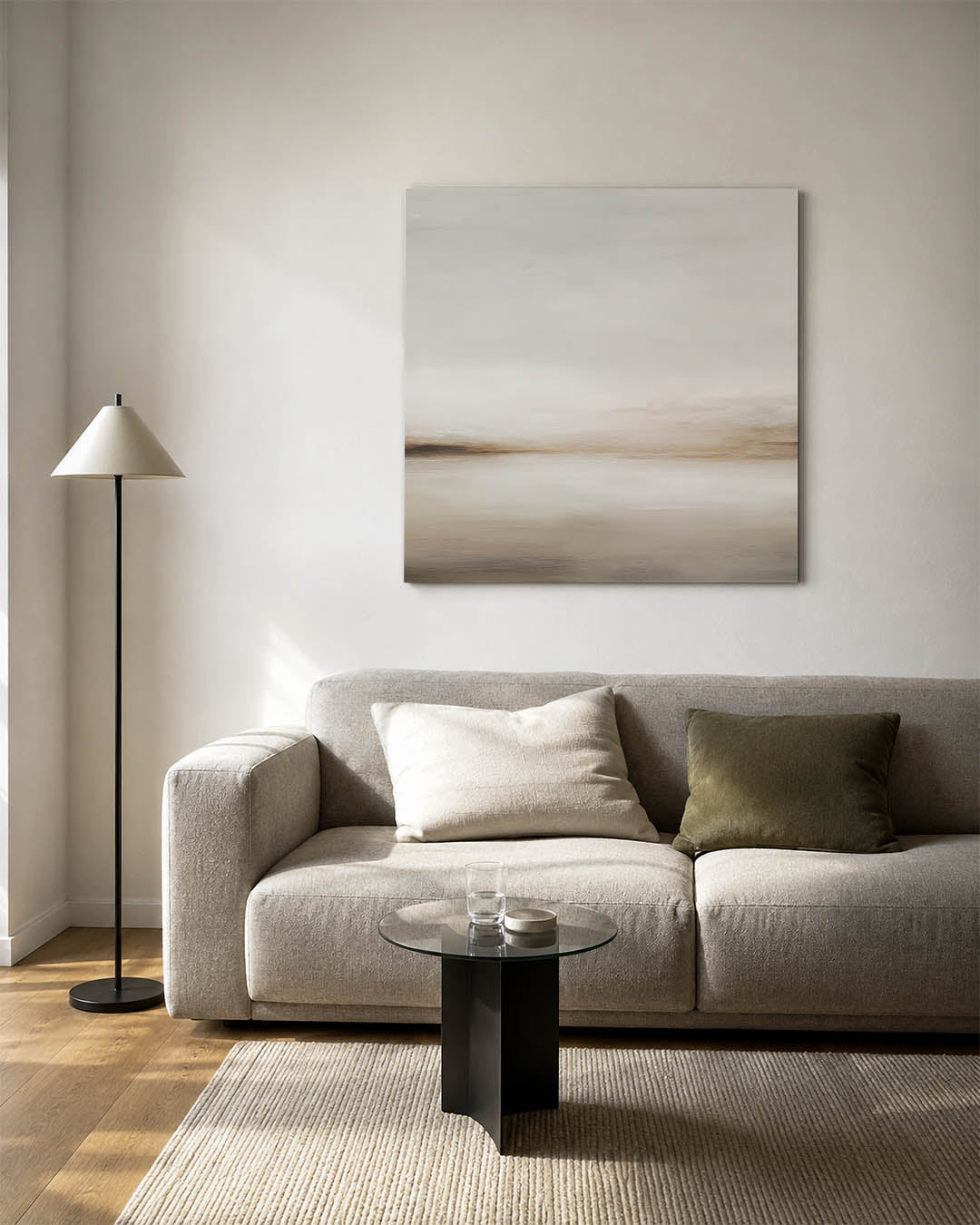 Zachte landschapstinten kunstwerk – vierkante wanddecoratie – dit kunstwerk toont een compositie van vloeiende lijnen en