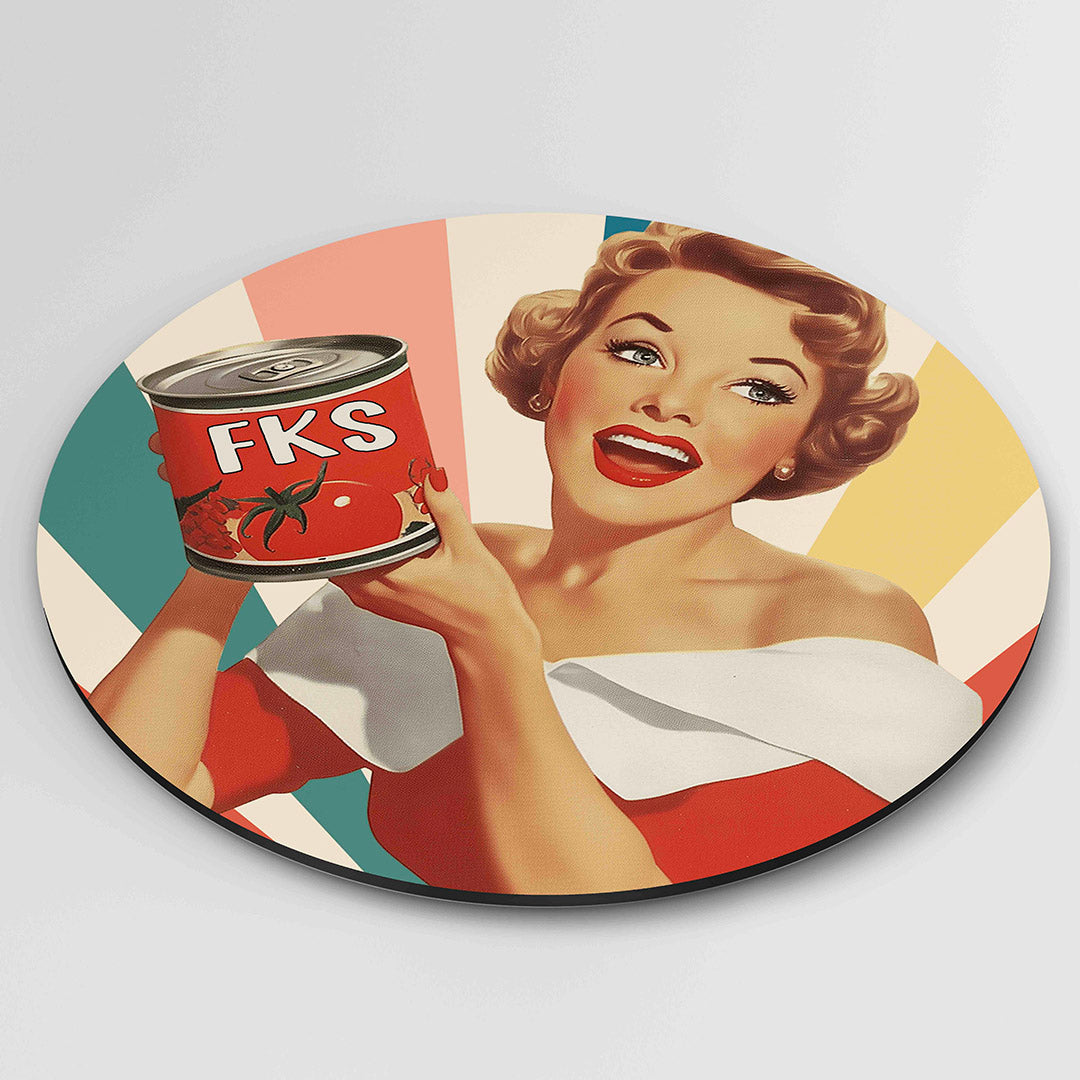 Vrouw met tomatenblik – Pop Art wandkunst als moderne muurcirkel