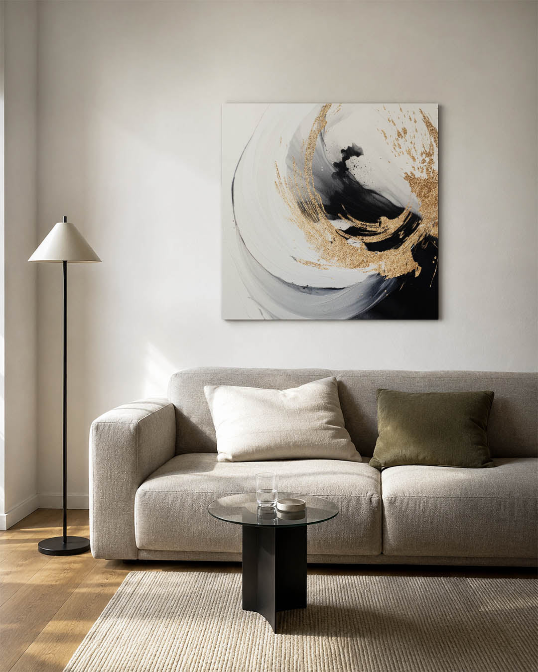 Dynamische vormen kunstwerk – vierkante wanddecoratie – dit kunstwerk toont vloeiende lijnen en spatten in zwart-wit met