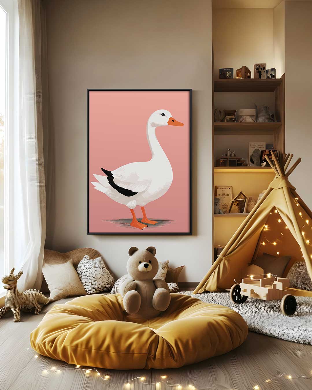Stijlvolle Witte Gans Illustratie – canvas wanddecoratie in portret formaat