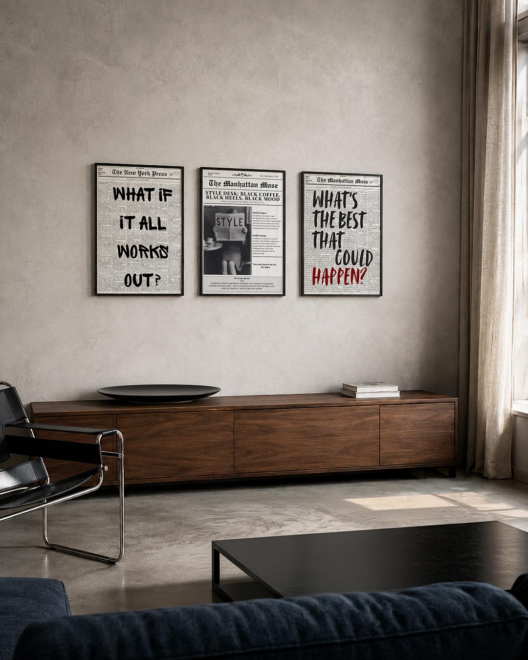 Typografische uitdrukking posterset – tweede productweergave – zwart-witte achtergrond met grote, handgeschreven zwarte