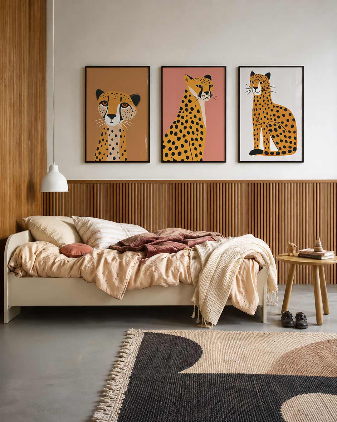 Vorm en vlekken driedelige posterset – een speelse cheetah met levendige oranje ogen en zwarte