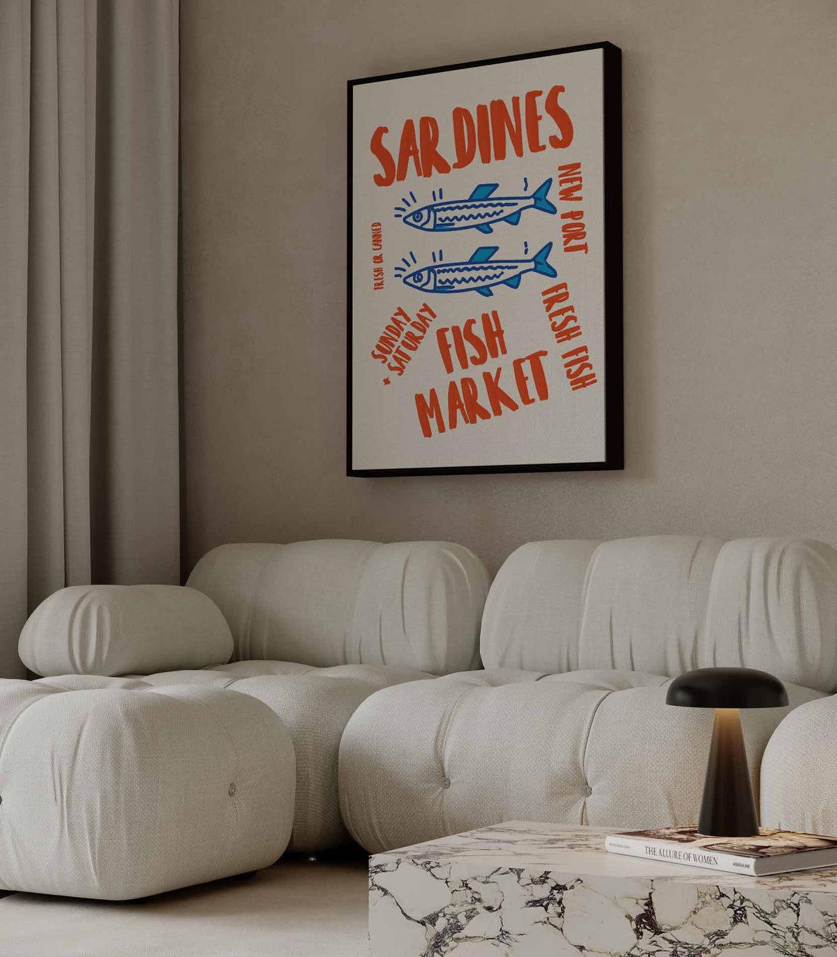 Retro Sardiens Vismarkt Poster – modern portret kunstwerk van WallArtistic