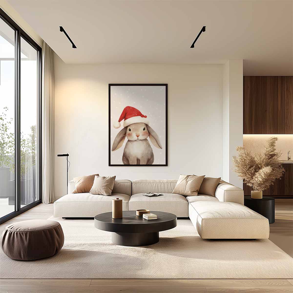 Kerstkonijn met Rood Mutsje – dibond wanddecoratie in staand formaat