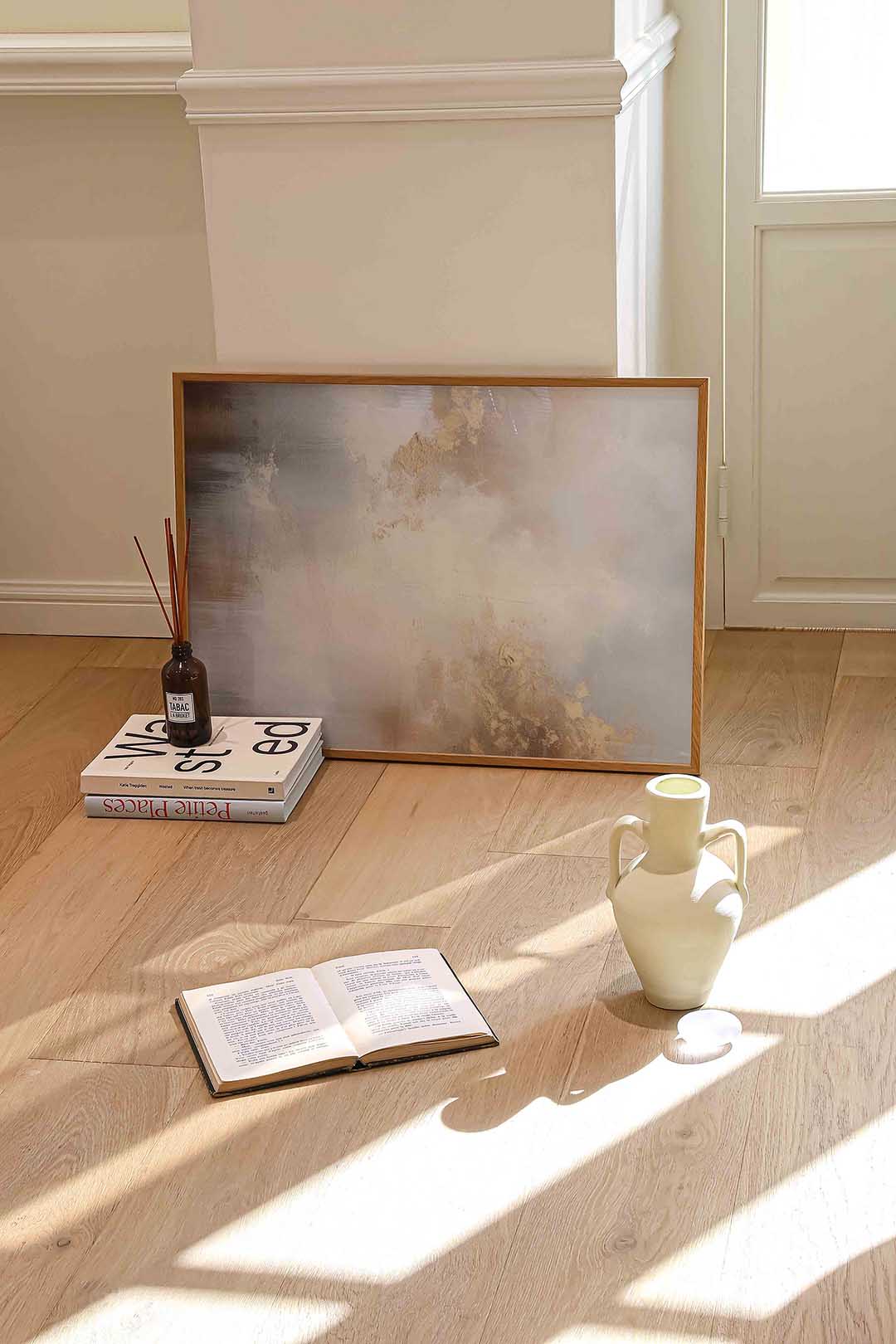 Abstracte beige en grijze – liggende abstracte wanddecoratie van WallArtistic