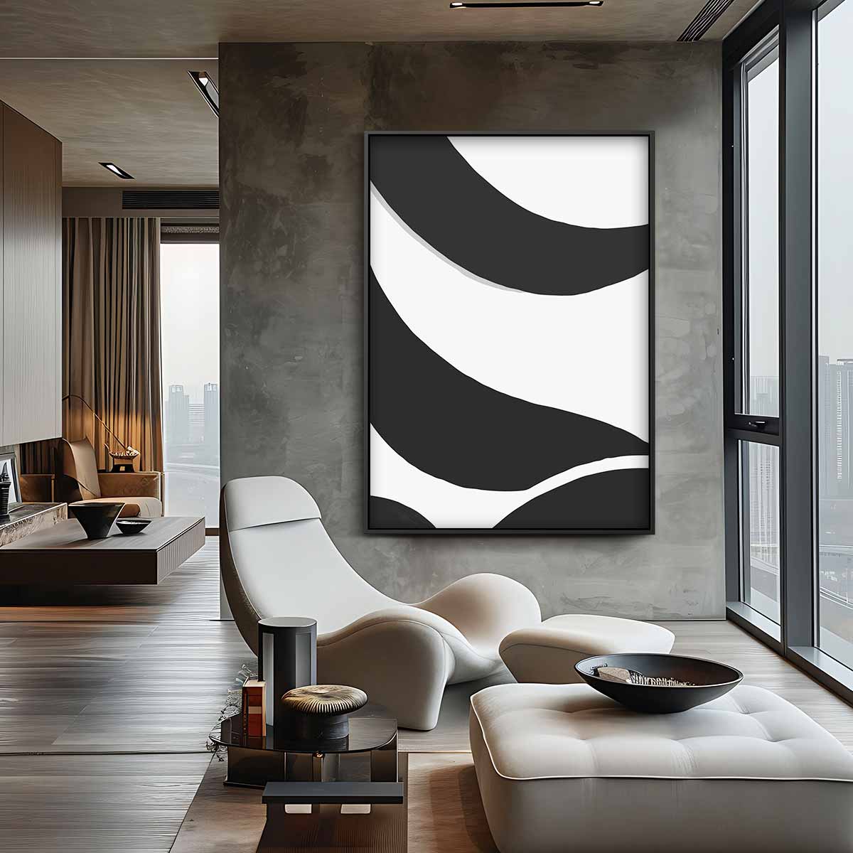 Zwarte Golven op Witte Achtergrond – canvas wanddecoratie in portret formaat