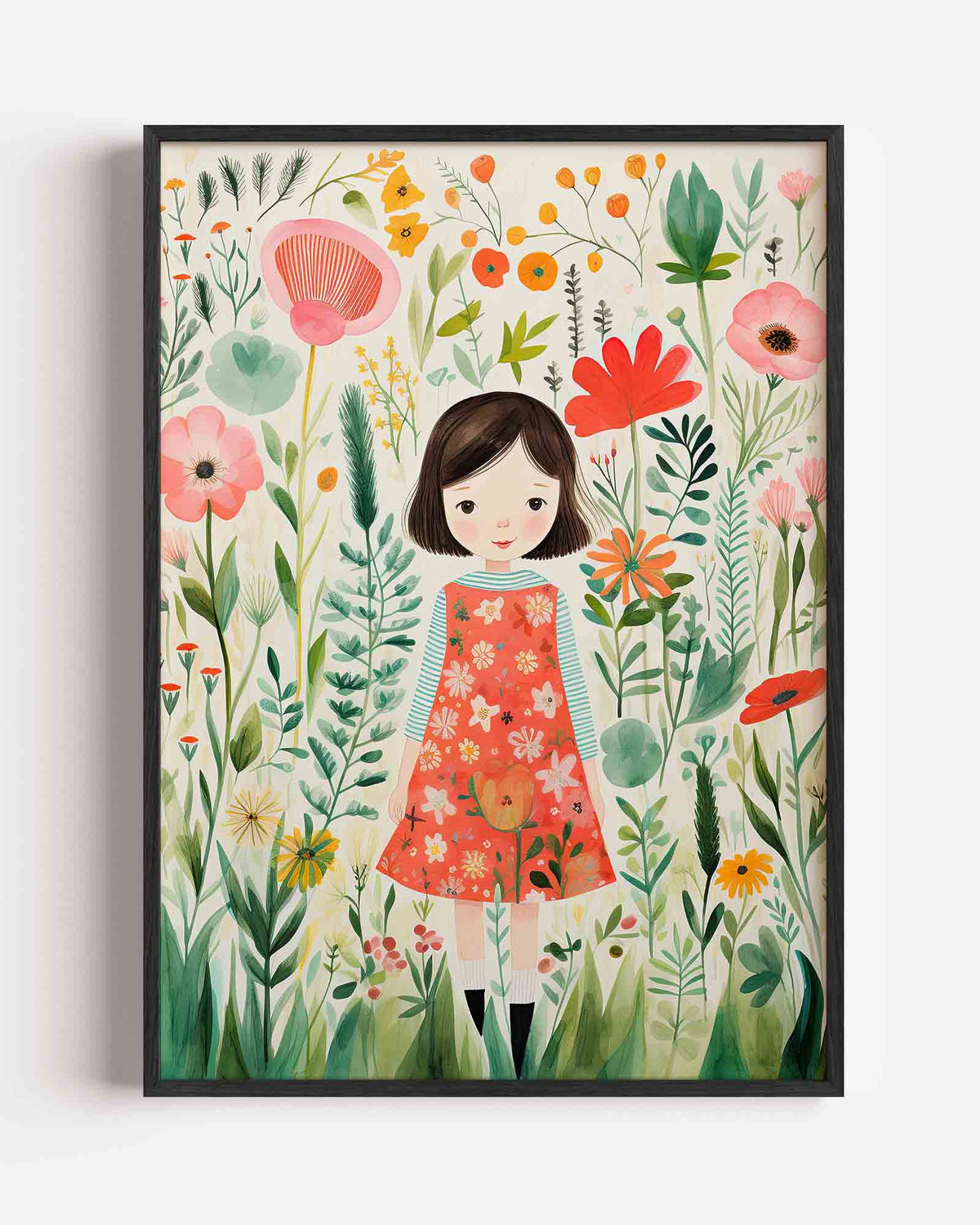 Meisje tussen bloemen – kids portret poster als wanddecoratie