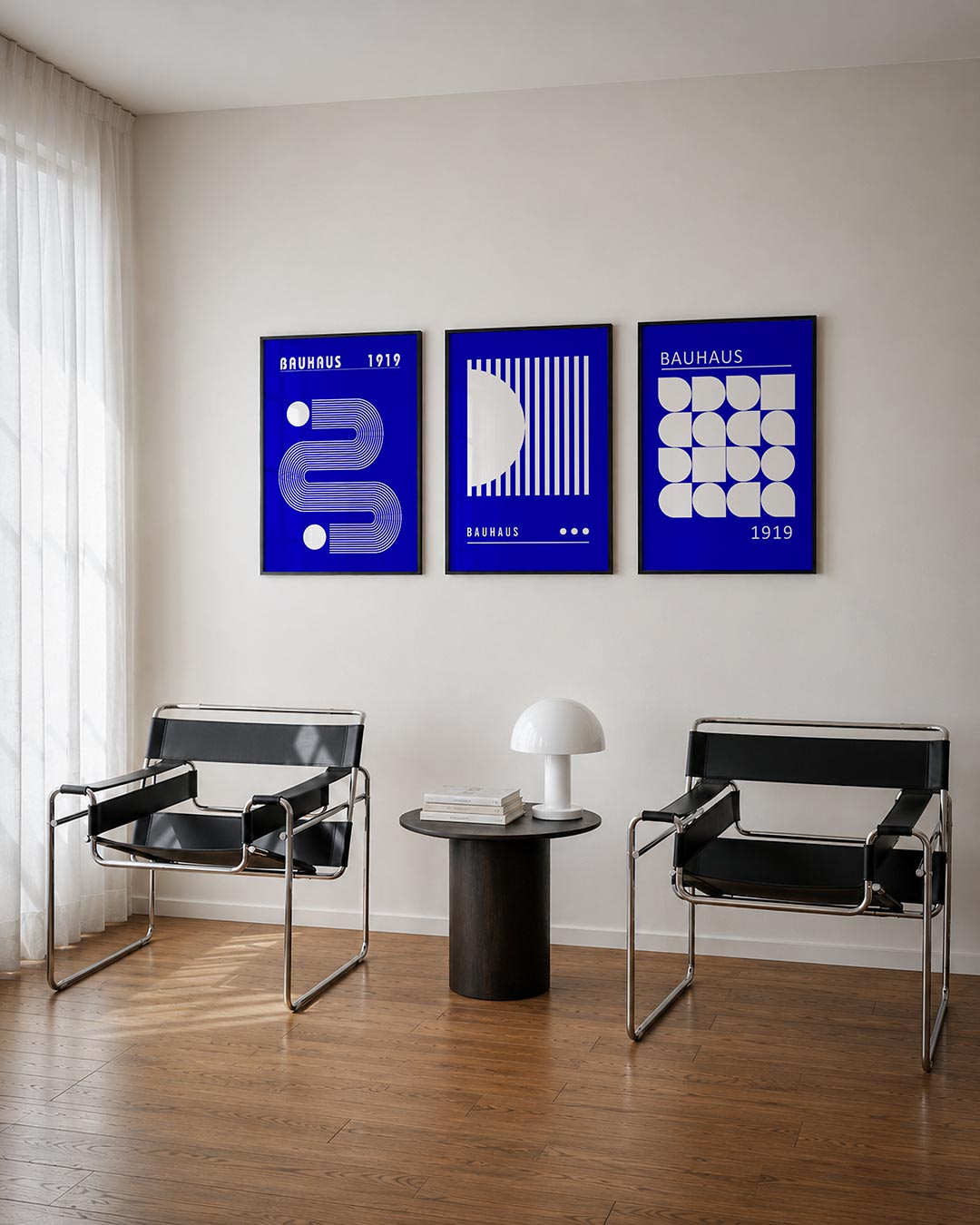 Lijnen en cirkel driedelige posterset – deze posterset in drie delen toont een dynamisch lijnenspel met witte lijnen die