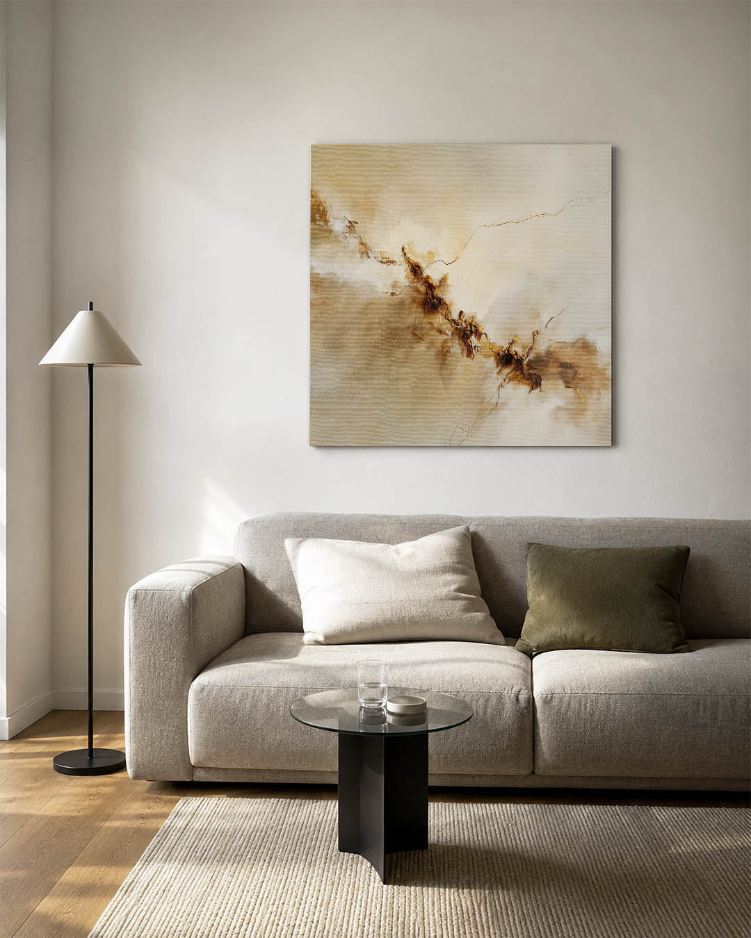 Organische lijnen kunstwerk – vierkante wanddecoratie – dit werk toont vloeiende lijnen en zachte overgangen in beige en