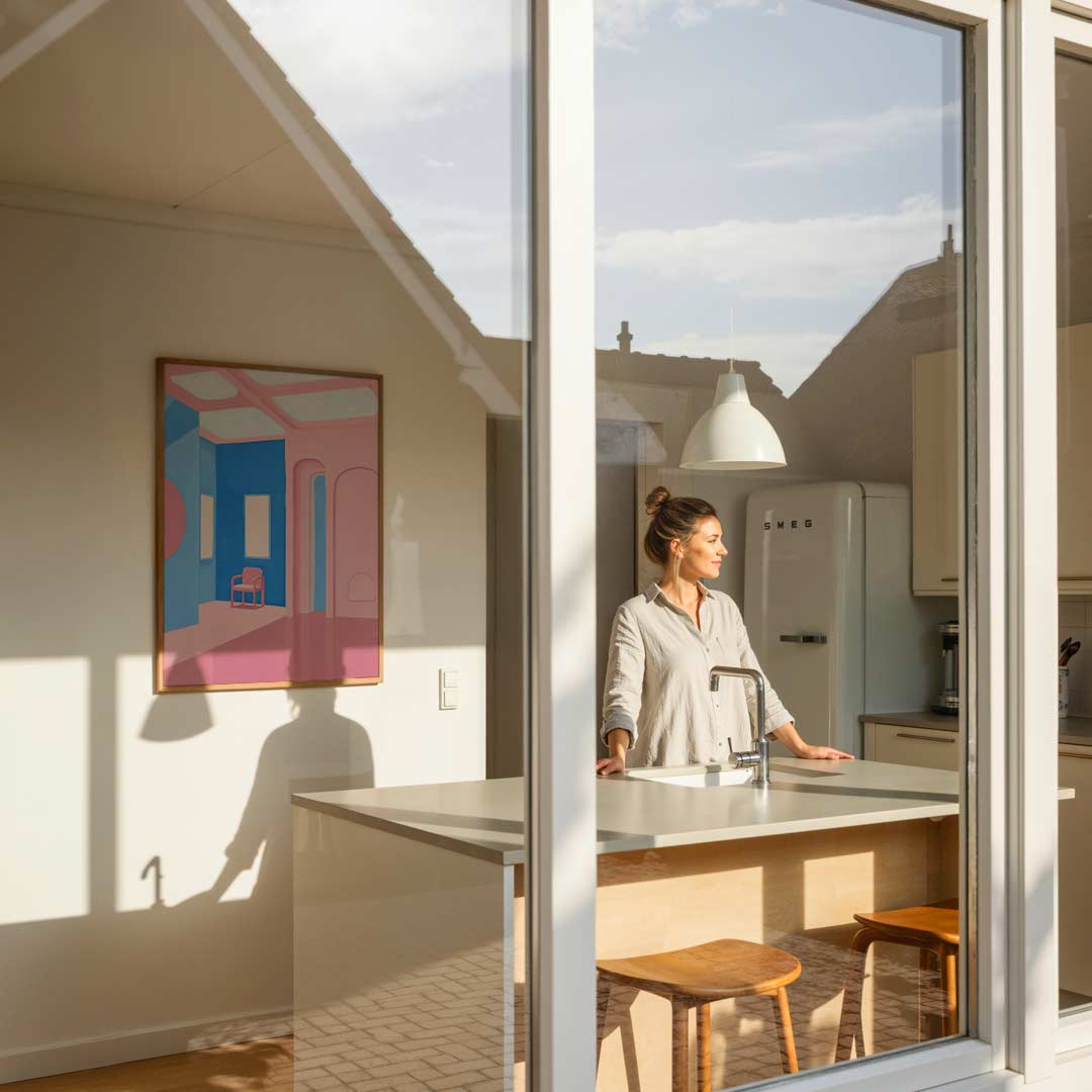 Dromerige Roze Interieur – abstracte wandkunst als portret poster