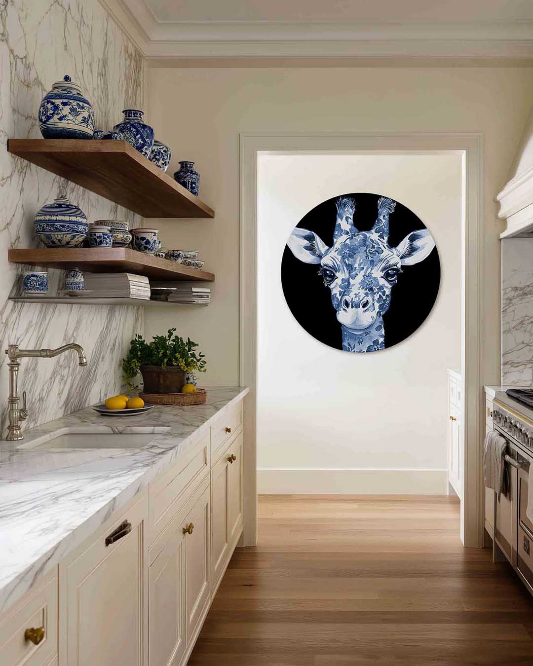 Blauwe giraffe – kleurrijke Pop Art muurcirkel voor aan de muur