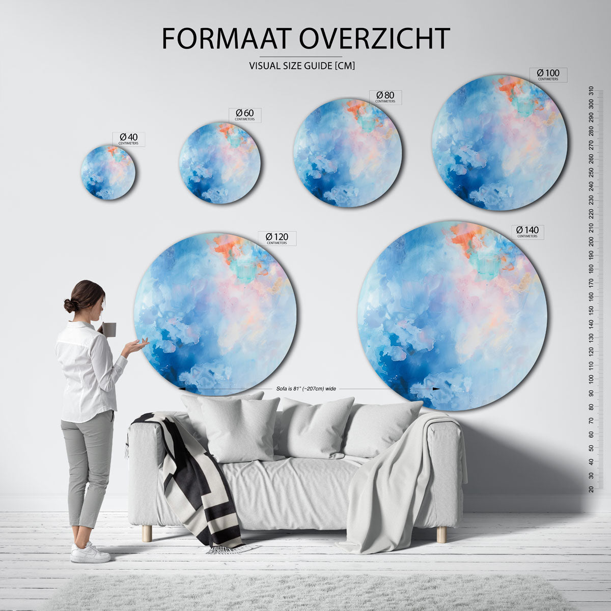 Abstracte blauwe – kleurrijke wandkunst als muurcirkel