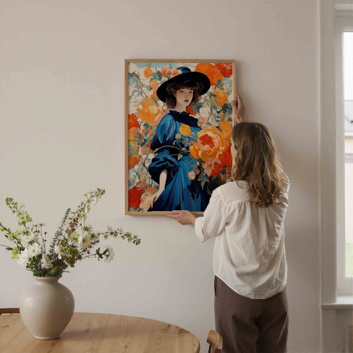 Vrouw met bloemen – botanische wandkunst als portret poster