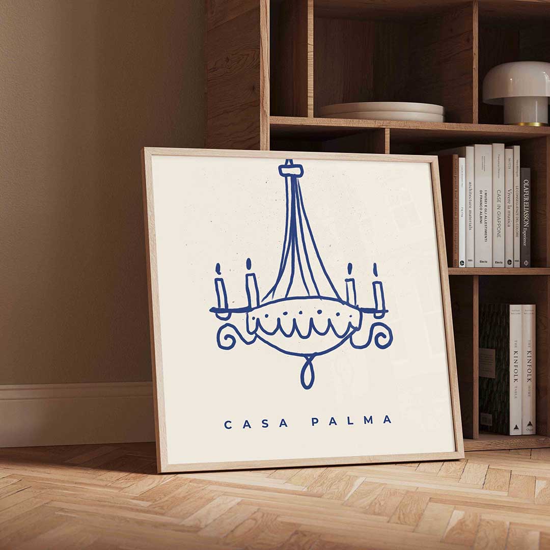 Blauwe kroonluchter – moderne wandkunst met kleur en vormen als poster