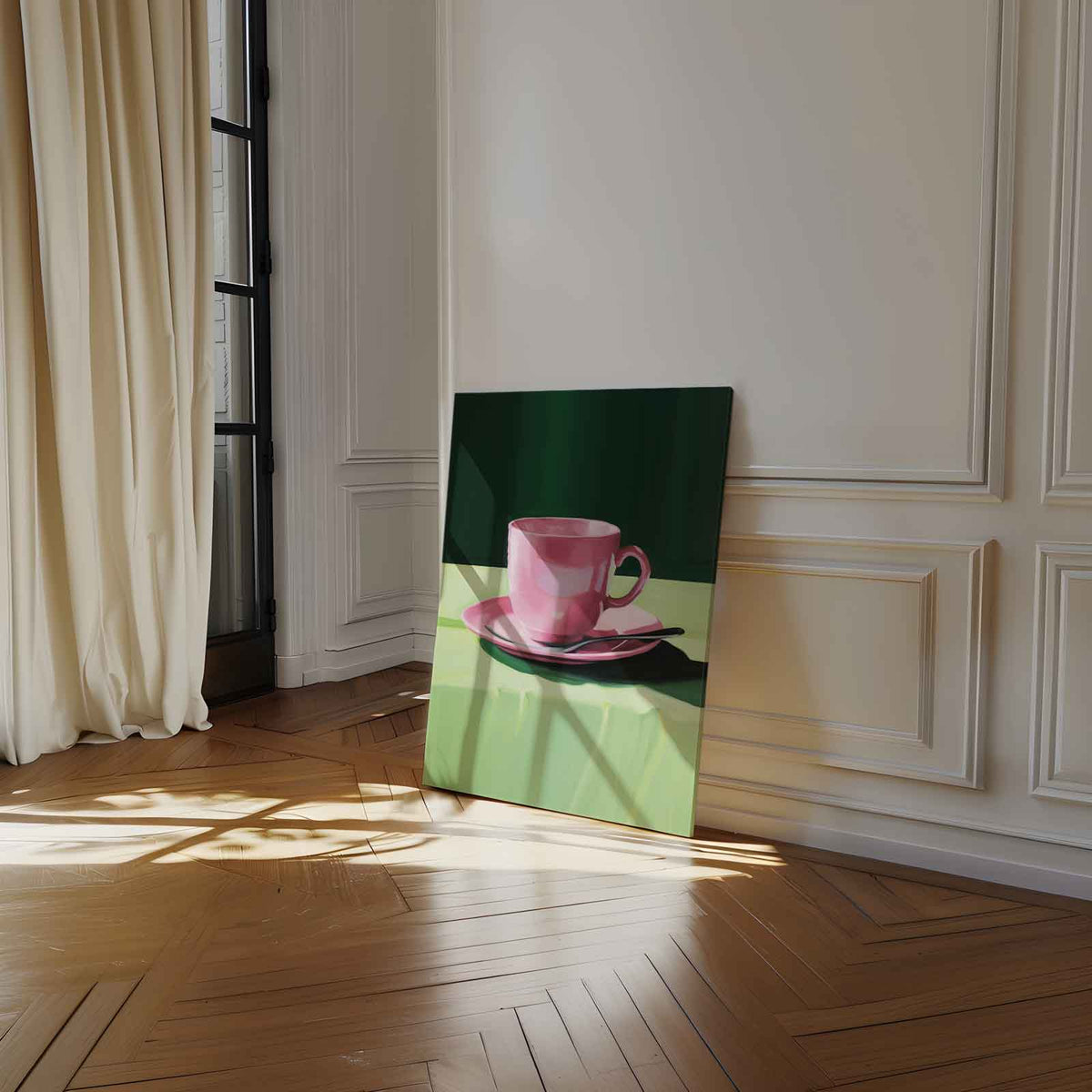 Roze Kopje op Groen Tafellaken – staand kunstwerk voor modern interieur