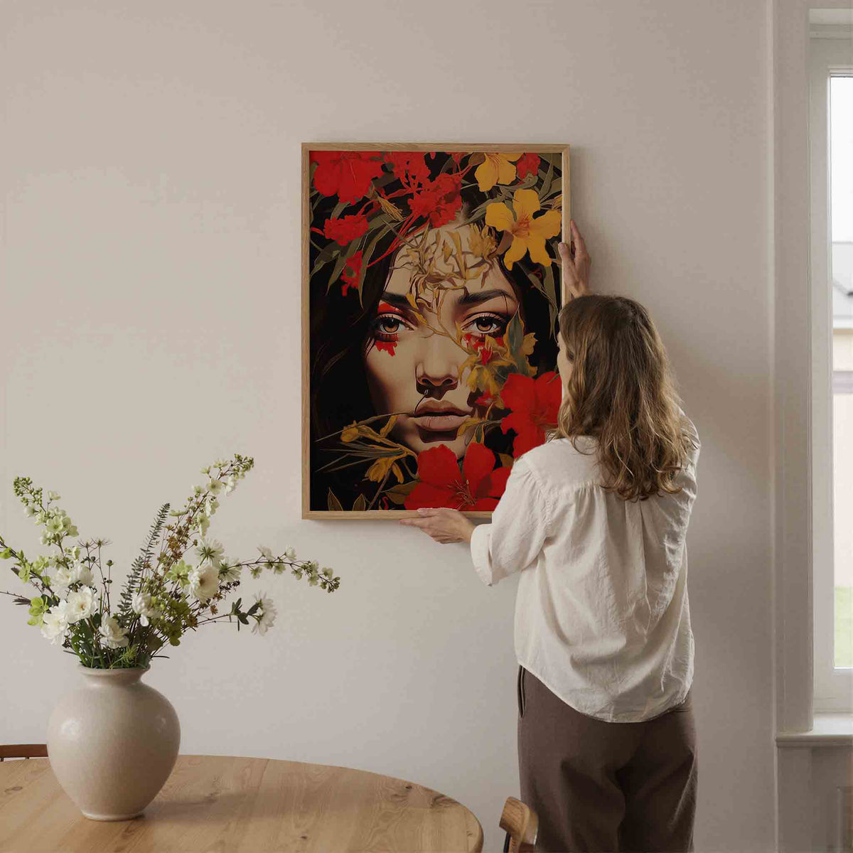 Bloemen en gezicht – botanische wandkunst als portret poster