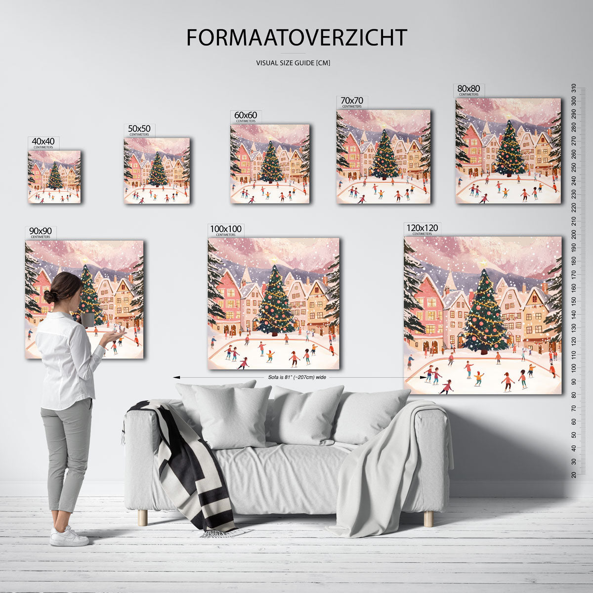 Schaatsende mensen bij kerstboom – vierkante muurposter voor de kinderkamer