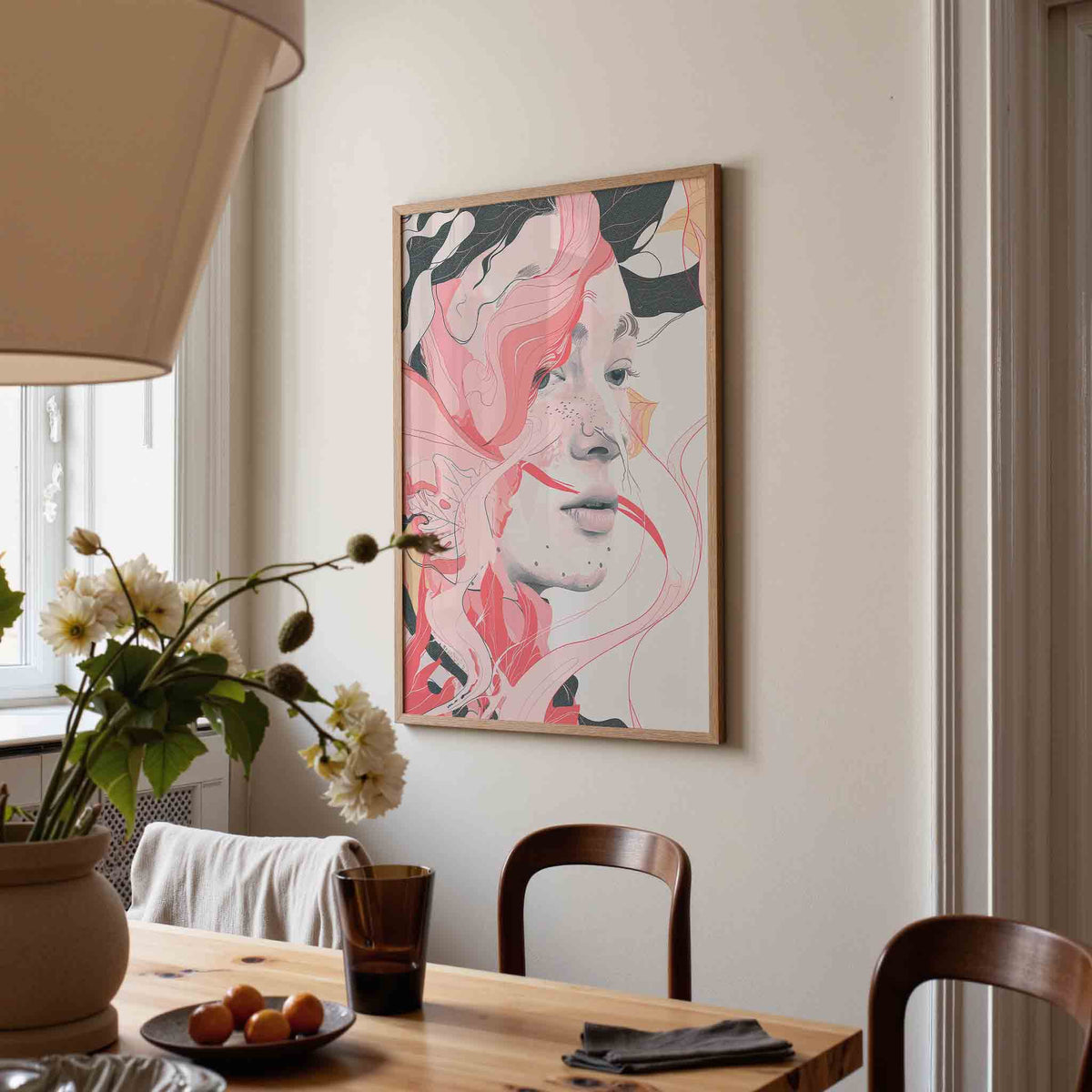 Vrouwelijk gezicht met roze lijnen – kunst en design poster in portret formaat