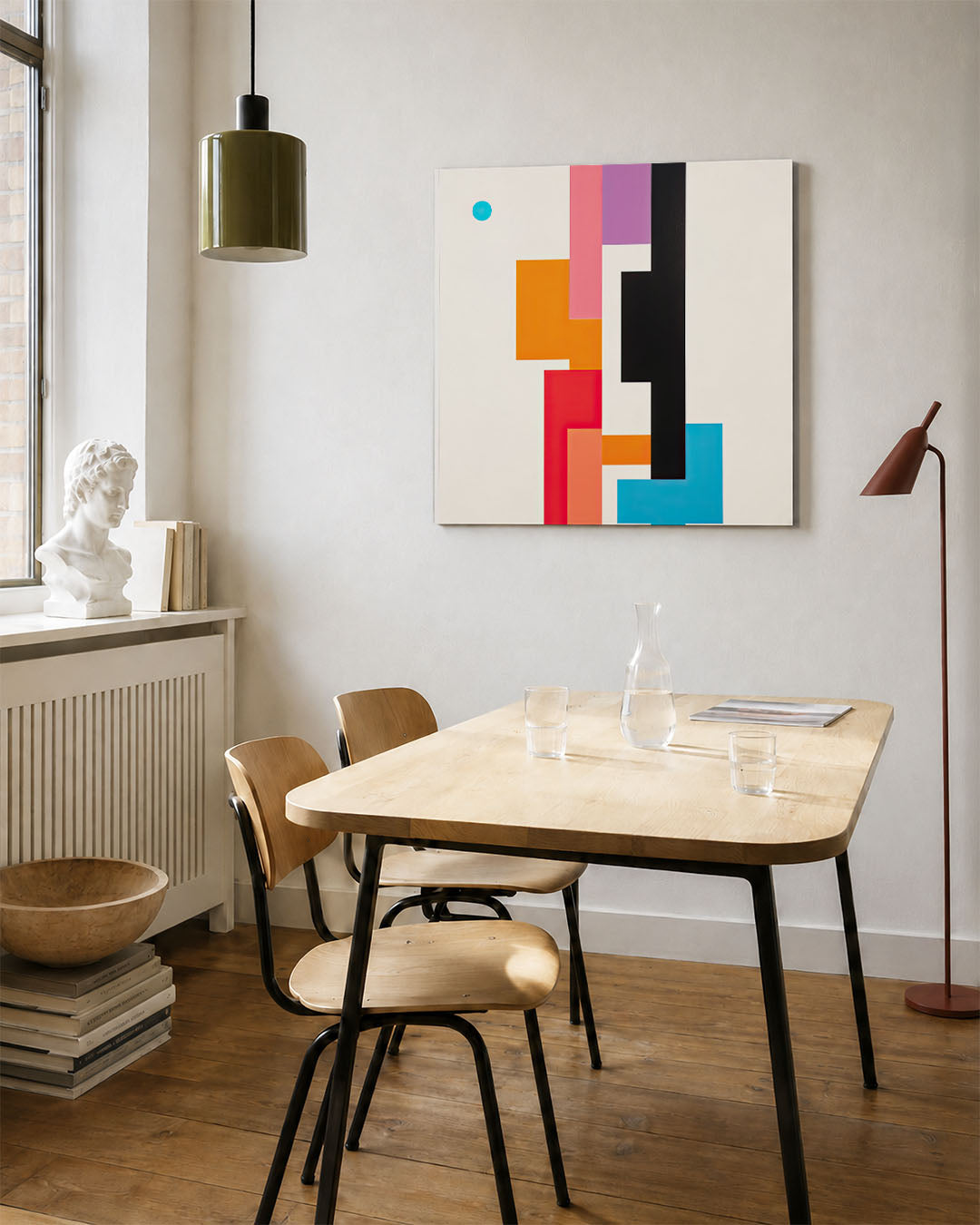 Geometrische kleurencompositie kunstwerk – vierkante wanddecoratie – dit werk toont een dynamische compositie van rechthoeken