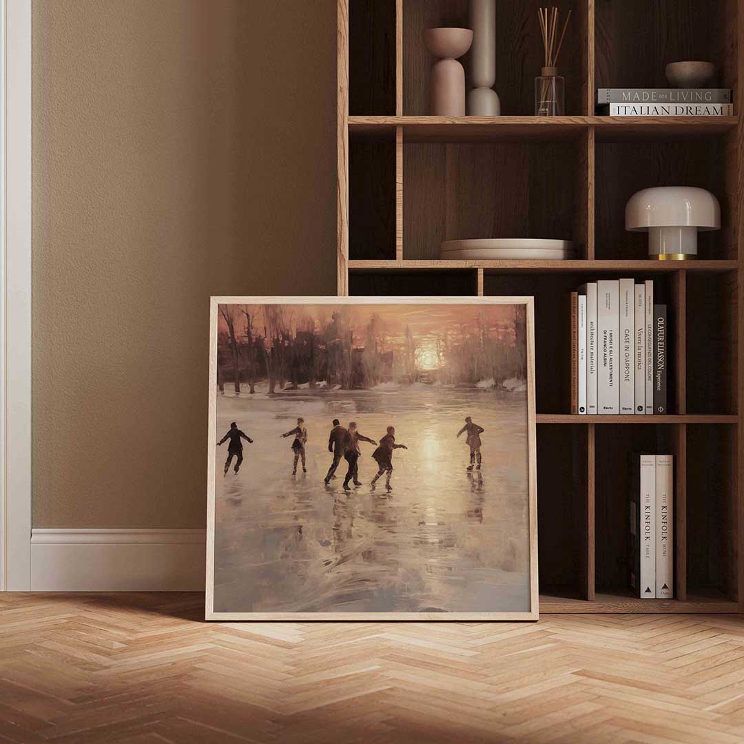 Schaatsers bij zonsondergang – kerstposter in vierkant formaat