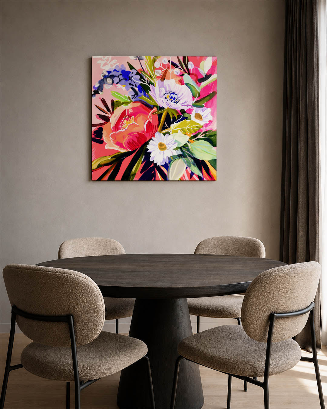 Bloemrijke kleurenexplosie kunstwerk – vierkante wanddecoratie – dit werk toont een levendige compositie van bloemen in een