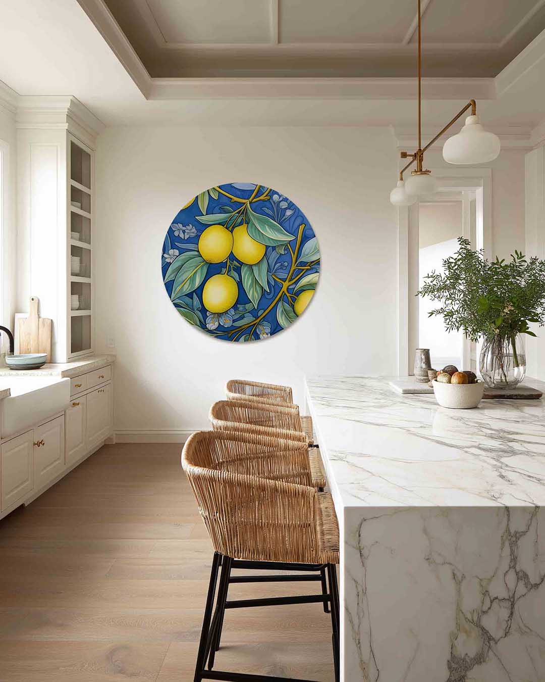 Citroenen en bladeren – abstracte muurcirkel als ronde wanddecoratie