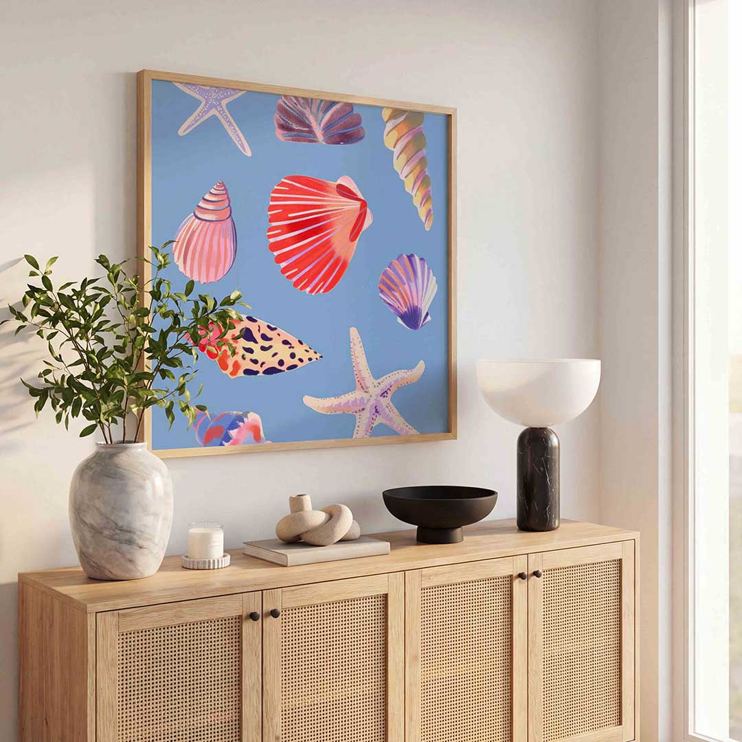 Schelpen en zeesterren – illustratie poster in vierkant formaat