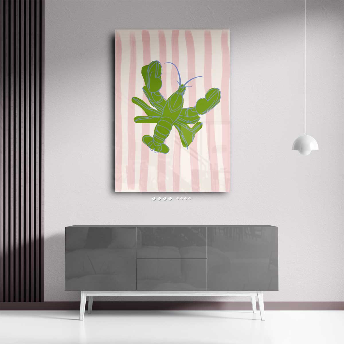 Groene Kreeft op Strepen – plexiglas wanddecoratie in portret formaat