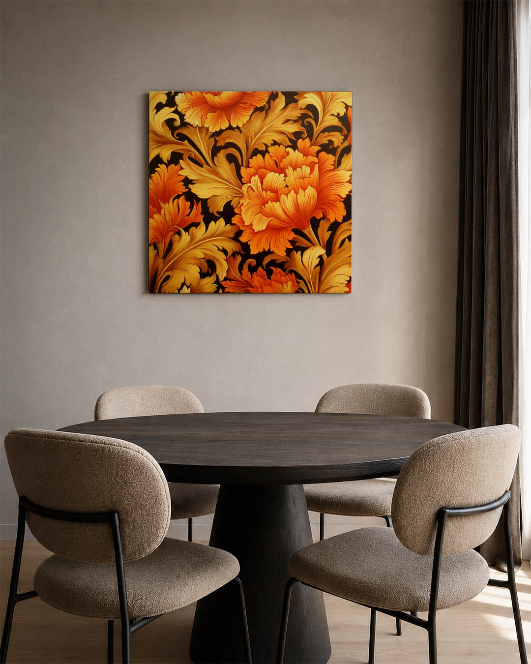 Bloemrijke patronen kunstwerk – vierkante wanddecoratie – dit kunstwerk toont weelderige bloemen in levendige oranje en beige