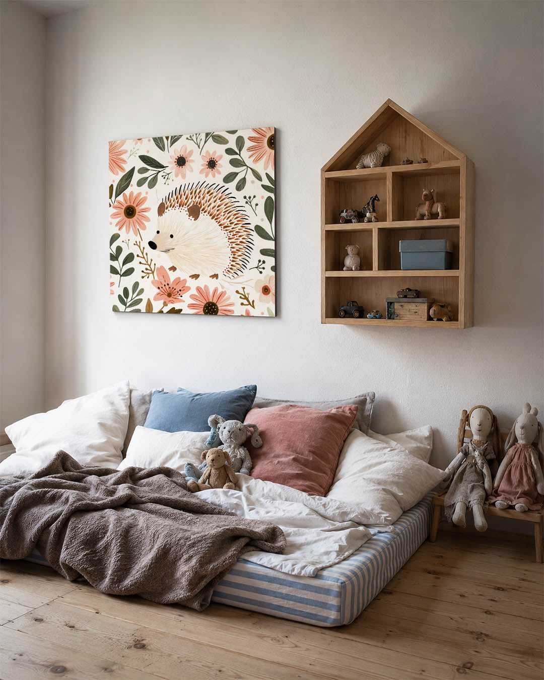 Bloemen en egel kunstwerk – derde productweergave – dit kunstwerk toont een schattige egel omringd door bloemen en bladeren.