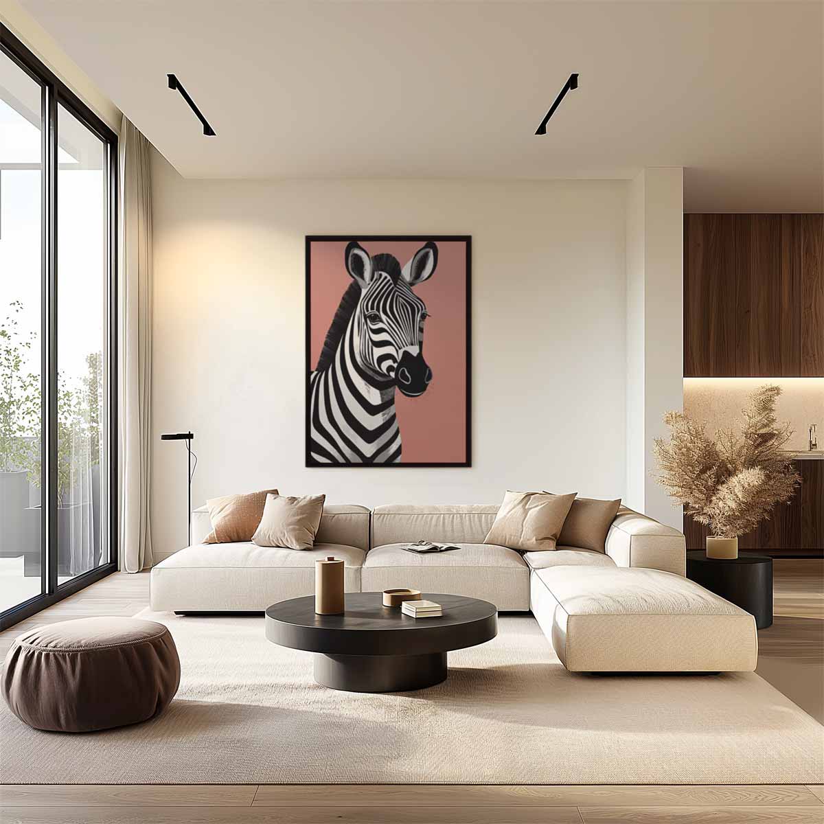 Zebra Portret op Roze Achtergrond – kunstwerk met zwarte baklijst