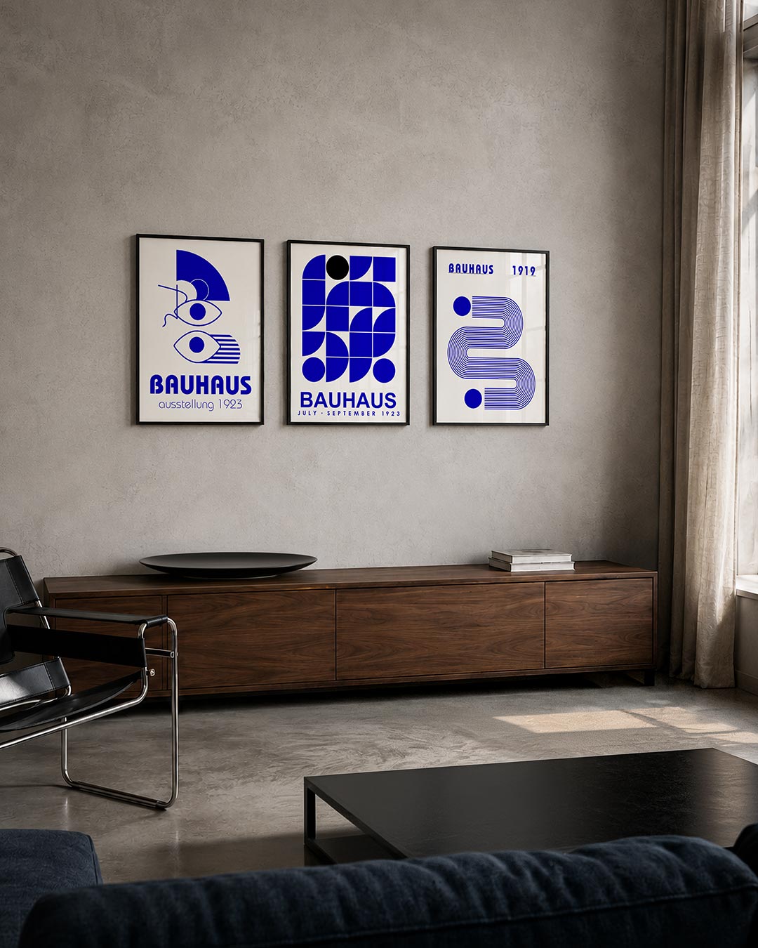Vormen en lijnen posterset – tweede productweergave – deze posterset in drie delen toont een spel van blauwe vormen en