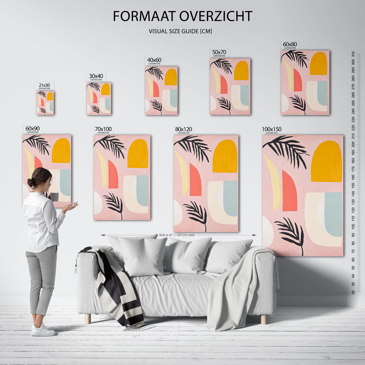 Abstracte vormen en bladeren – staande muurposter met hedendaagse illustratie